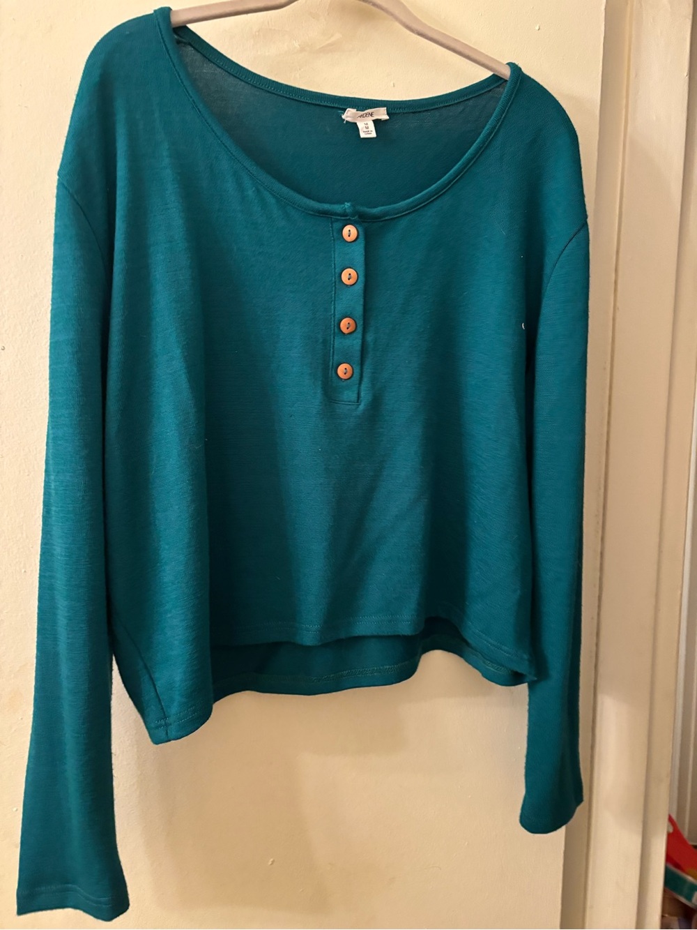 Women's Teal Long-Sleeve Henley Top with Button Placket